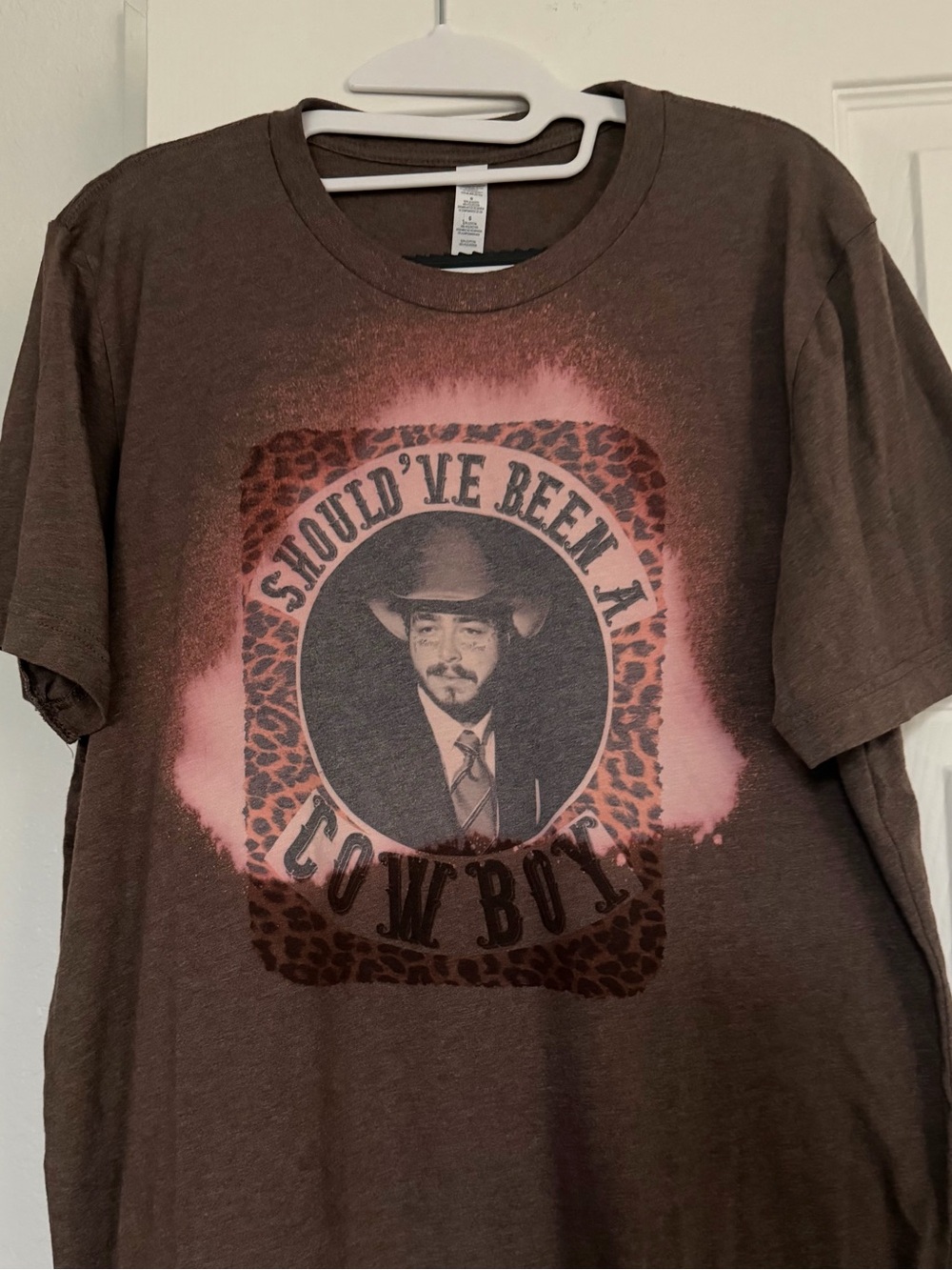 Post Malone T-shirt 
Brown 'Should've Been a Cowboy' GraphicTee with Pink Accent